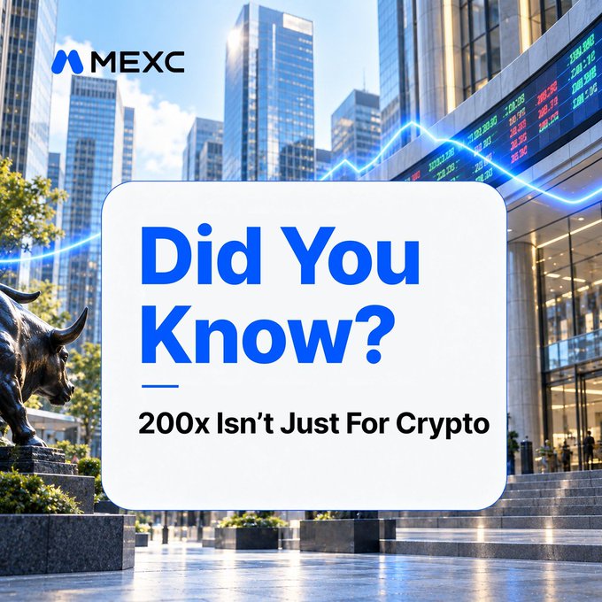 A promotional graphic for MEXC with a cityscape and bull statue in the background reads 'Did You Know? 200x Isn't Just For Crypto'.