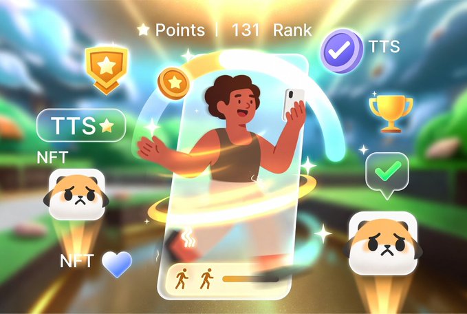 A vibrant illustration showcases a character holding up a phone amid glowing NFT-related icons, including two Meerkat mascots, "TTS," a star badge, a trophy, and text reading "Points | 131 Rank." The image visually represents the post's message about @timesoulcom's MysteryCave on Venom Mainnet, highlighting NFT adventure features like renting, staking, and "Exploring Mode" for Meerkat NFTs.