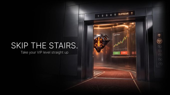 An advertisement for a trading platform featuring a golden elevator going up to a 'SUPREME' floor with a stock chart displaying a long position and short option, alongside the tagline 'SKIP THE STAIRS. Take your VIP level straight up'.