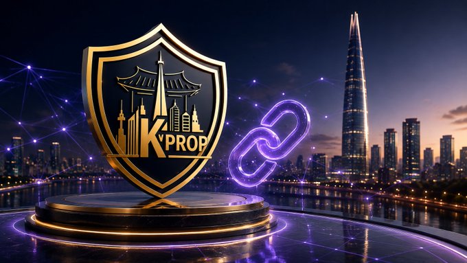A promotional graphic showing a golden shield emblem with "KV PROP" and a city skyline design, next to a glowing purple chain link symbol, set against a nighttime cityscape with a tall skyscraper.
