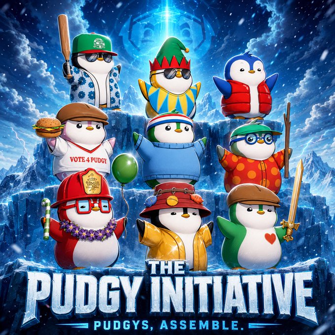 A promotional image titled 'THE PUDGY INITIATIVE - PUDGYS, ASSEMBLE' showing various costumed penguin characters in a snowy mountain setting.