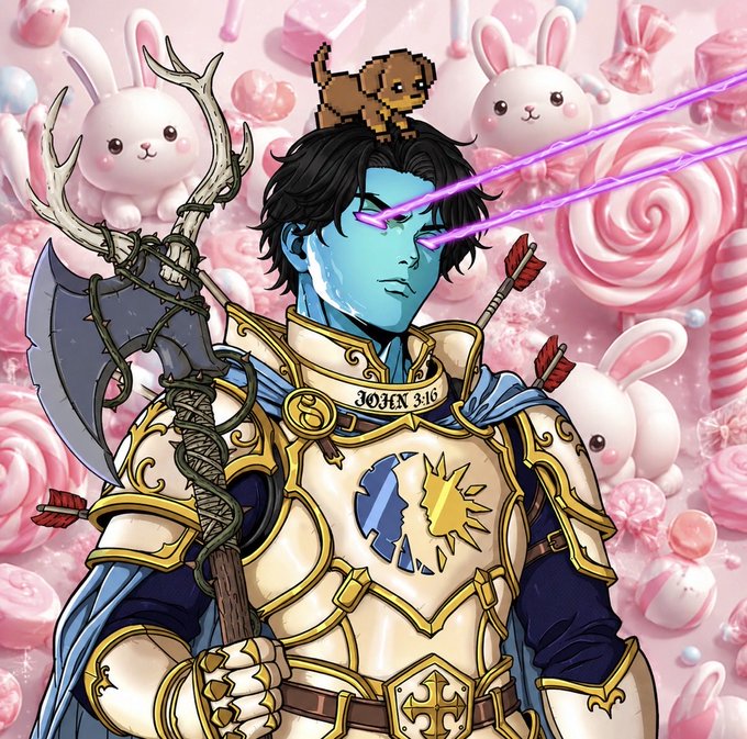 An artistic illustration of a knight with blue skin shooting purple lasers from his eyes, wearing armor labeled 'JOHN 3:16', set against a background of pink bunnies and candy.