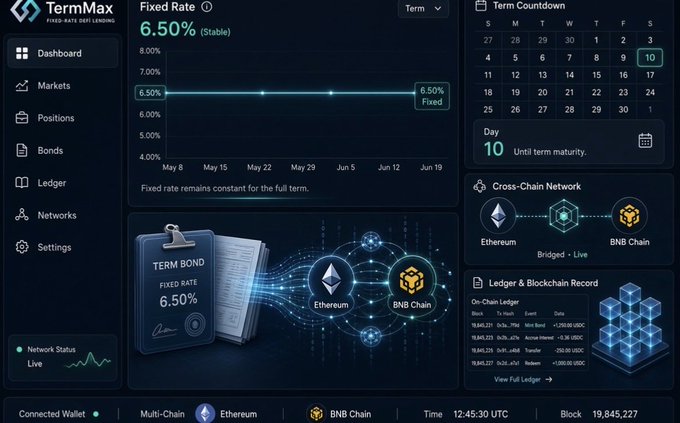 A dashboard interface for 'TermMax' showing a Fixed Rate DEF Lending platform with a 6.50% stable rate, a Term Countdown of 10 days, and a Cross-Chain Network connecting Ethereum to BNB Chain via a bridge.