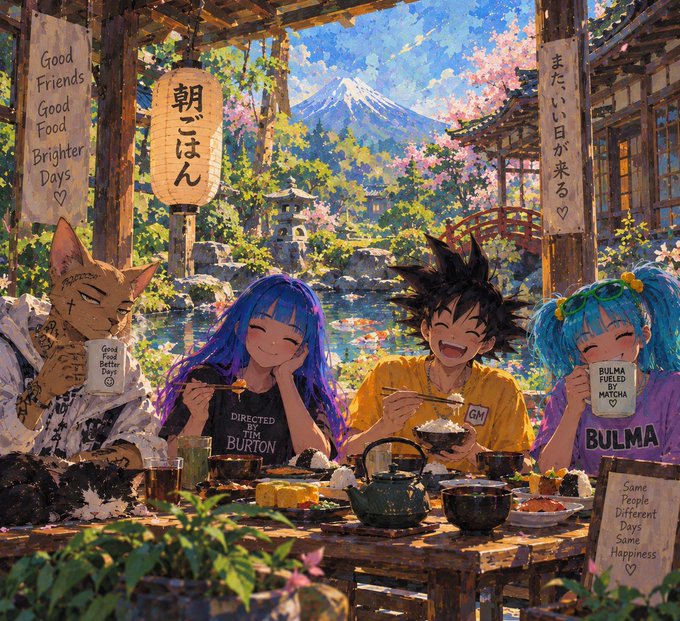 An anime-style illustration depicts Dragon Ball characters (Goku, Bulma) and a cat character enjoying a meal together at a table with Mount Fuji and cherry blossoms in the background; signs read 'Good Friends Good Food Brighter Days' and 'Directed by Jim Burton'.