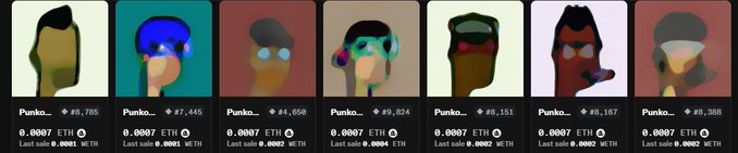 Seven NFT collectibles called 'Punko...' displayed in a row with prices listed at 0.0087 ETH and varying item numbers (#0,785 through #0,388) along with last sale prices.
