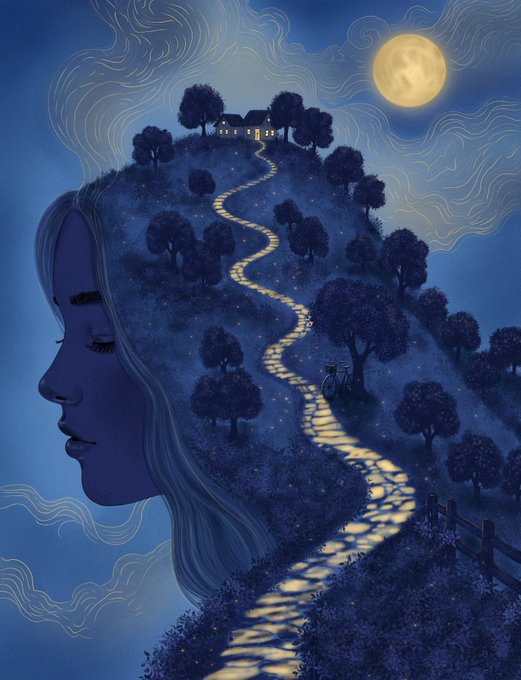 A surreal double-exposure artwork showing a woman's profile blending into a nighttime landscape with a winding path leading to a moonlit house.