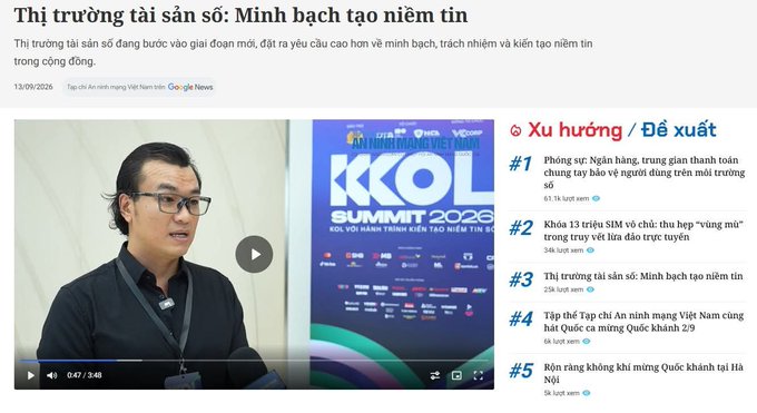 A Vietnamese news webpage featuring a video titled 'Thị trường tài sản số: Minh bạch tạo niềm tin' with a man in glasses speaking, alongside trending articles and a 'KKOL Summit 2026' banner.
