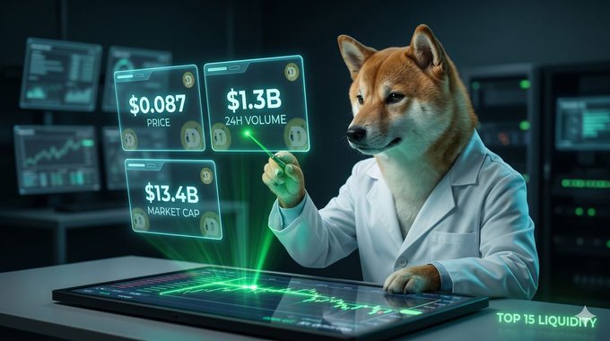 The image features a brown dog wearing a lab coat, standing next to a computer with three neon blue price tags attached to its body. The first tag indicates that the current price of Bitcoin is $0.087, the second reads 24h volume at $1.3B, and the third says market cap is approximately $13.4B. 
The caption on the image explains that the current price of Bitcoin is $0.087 and provides a quick market check for cryptocurrency enthusiasts. Additionally, it mentions that Bitcoin has a market cap of around $13.4B but does not provide further details about how this information was gathered or checked.