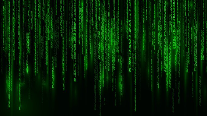 A digital image styled after 'The Matrix' shows streams of green characters and symbols cascading down a black background.