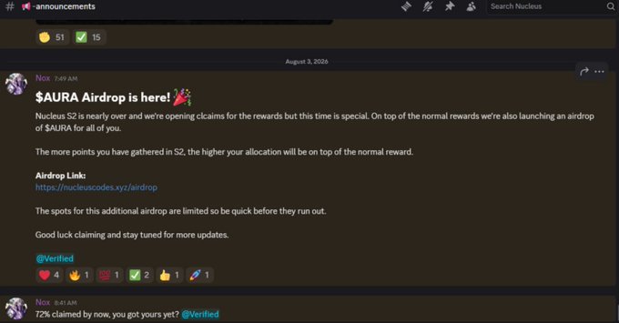 A Discord #announcements channel screenshot from Nox dated August 3, 2026, announcing a '$AURA Airdrop is here!' with details on claiming rewards and a link to nucleusodes.xyz/airdrop.