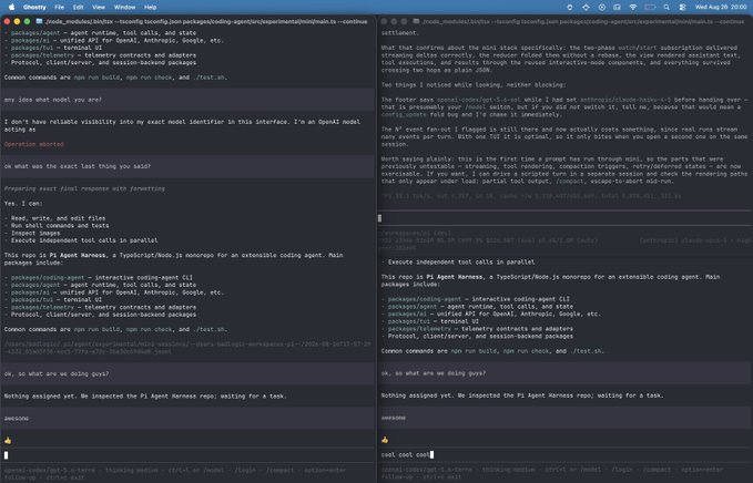 A split-screen terminal showing code being generated and reviewed across multiple AI coding agent interfaces, with commands and scripts visible on both sides as the agents coordinate a pull request task. The accompanying post "Wow This is exciting" likely reflects the user's enthusiasm about watching multiple AI agents collaborating on coding tasks in real-time.