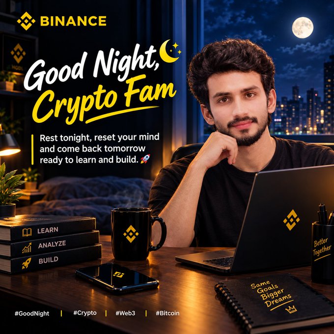 A Binance-branded 'Good Night, Crypto Fam' social media post features a young man at a desk with a laptop, mug, and books labeled 'LEARN, ANALYZE, BUILD', with hashtags #GoodNight #Crypto #Web3 #Bitcoin.