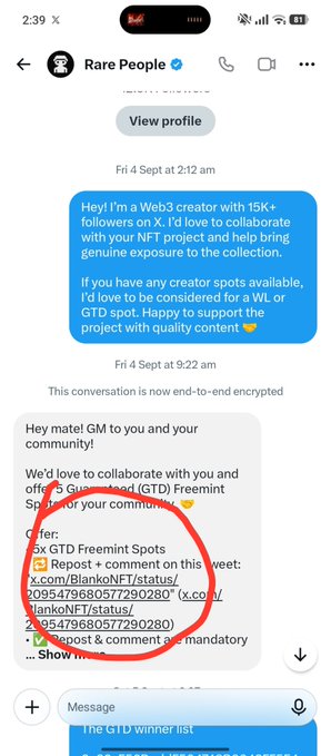 A screenshot of a Twitter DM conversation where someone requests collaboration for an "NFT Freemint," and a reply lists "GTA GTD Freemint Spots" and provides suspicious-looking links circled in red.