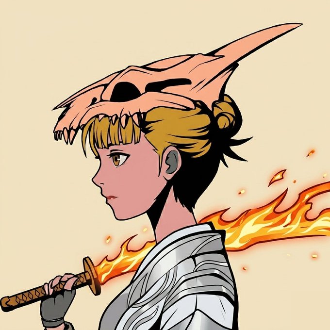 The image portrays a young girl dressed as a warrior, holding an old sword with flames coming out of it, suggesting a battle scene. She has blond hair and wears a dragon mask. The picture also includes text that reads "Giving away 3 WL spots for @kageOnEth to my community 5L supply on eth...OG free, FCFS WL at just $3 mint is on 19 June To enter: ↳ Follow @kageOnEth & #eth_2017 #like & RT this post". This image has a strong connection with the Ethereum blockchain as it features an overlay of the cryptocurrency coin and token.
