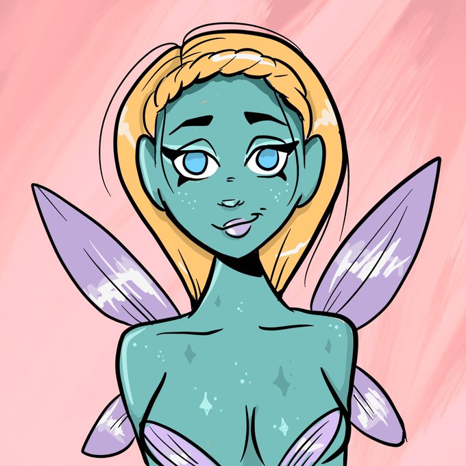 A digital illustration of a fairy-like female character with teal skin, blonde hair, and purple wings against a pink background.