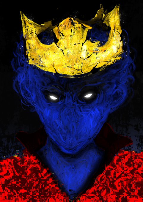 A menacing digital artwork of a blue-skinned figure with glowing white eyes, wearing a cracked golden crown and a textured red garment against a dark background.