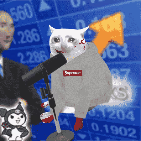 A surreal digital collage featuring a white cat in a Supreme hoodie and red boots, holding a microphone, with a pointing arrow and numerical data in the background.