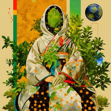 A collage-style artwork depicting a figure in a white hooded robe with a green plant-like face, surrounded by foliage, decorative patterns, and a small globe illustration in the upper right.
