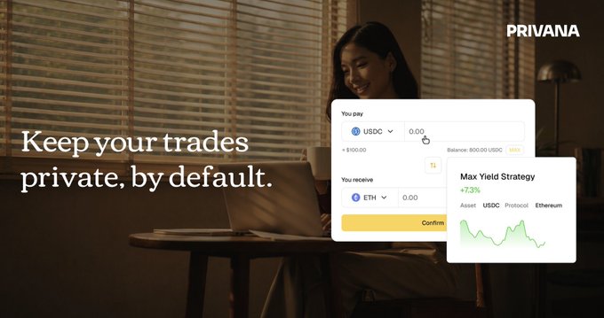 The image is a screenshot of an advertisement for a DeFi trading platform called Privana. The primary focus of the ad is privacy, emphasizing that the wallet activity should remain confidential while interacting with the platform. Users are encouraged to keep their wallet activities private and protect their personal information on this secure trading environment, where they can exchange Ether for USDC (Unexchange Currency) or similar digital tokens without worrying about their transactions being publicly visible. The ad highlights that users' wallet data is stored securely and privately on DeFi infrastructure built on @OasisProtocol.