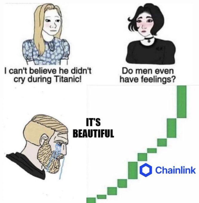 A four-panel meme featuring cartoon characters where two women question why men don't cry over Titanic, while a crying 'Chad' figure and a green price chart labeled 'Chainlink' rise with the text 'IT'S BEAUTIFUL.'
