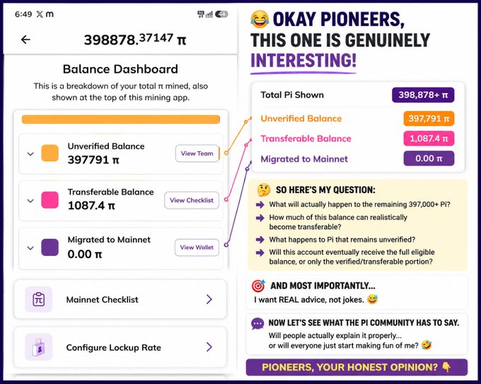A Pi Network Balance Dashboard screenshot showing 398,878.37 π total, broken down into 397,791 π unverified, 1,087.4 π transferable, and 0 π migrated to mainnet, paired with a playful post titled "OKAY PIONEERS, THIS ONE IS GENUINELY INTERESTING!" where the user questions what will realistically happen to the massive unverified balance during the eventual KYC and migration process.