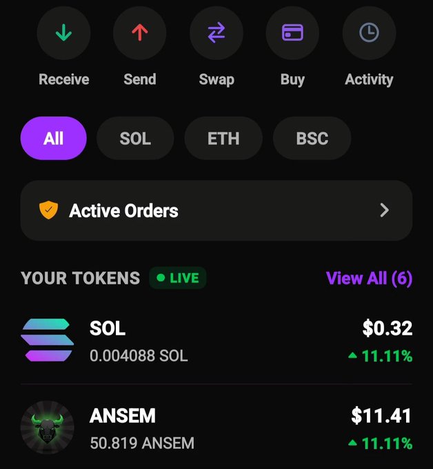 A cryptocurrency wallet interface showing balance of 0.004088 SOL ($0.32) and 50.819 ANSEM tokens ($11.41), both up 11.11%, with navigation tabs for Receive, Send, Swap, Buy, and Activity, and filters for All, SOL, ETH, and BSC networks.