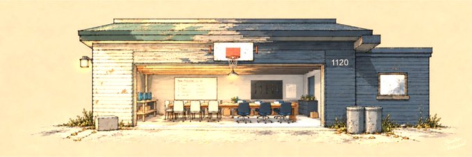 A digital illustration of a converted garage turned office space, featuring an open roll-up door revealing a workspace with a long table, chairs, whiteboards, and a TV monitor, with the address '1120' visible on the exterior.