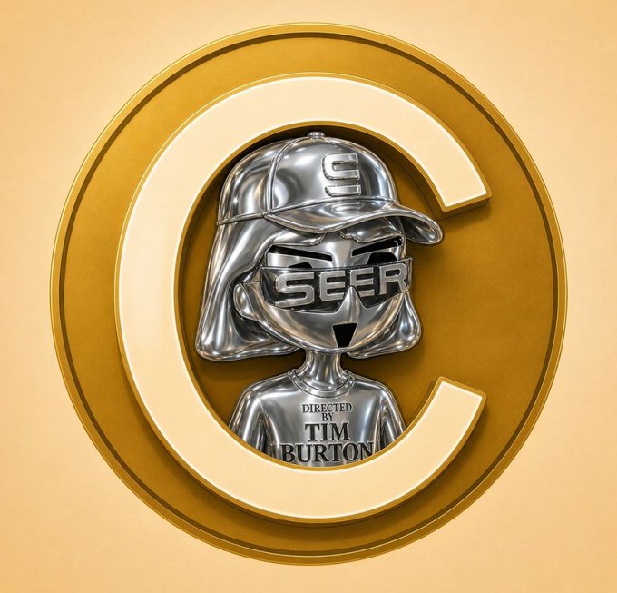 A 3D-rendered golden circular emblem featuring a metallic cartoon character with a 'SEER' visor and cap, set against a gold background with text reading 'DIRECTED BY TIM BURTON'.