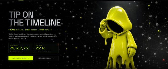 A promotional banner for a 'TiFi on the Timeline' NFT project features a 3D yellow melting character with an obscured face, alongside text stating 'CREATE motion. EARN motion. BURN motion.' and showing 'TOTAL MINTED 35,319,756' and 'NEXT MINT 25:16'.