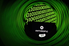 Anthropic logo displayed against a dark background with a swirling green tunnel effect of binary code.