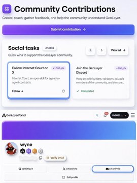 A 'Community Contributions' interface shows social tasks for the 'GenLayer' community, including a completed 'Join the GenLayer Discord' task (+300 pts) and an available 'Follow Internet Court on X' task (+1000 pts).