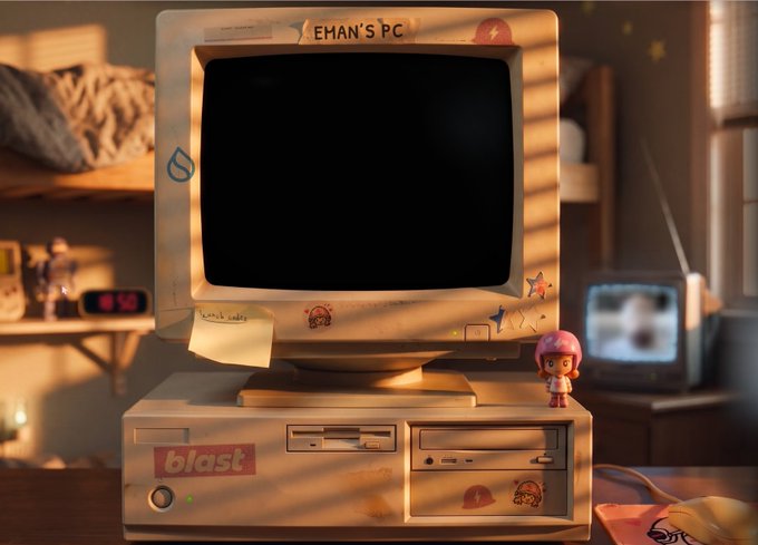 A nostalgic 3D-rendered scene of a vintage cream-colored desktop PC labeled 'EMAN'S PC' and 'blast', with stickers, a sticky note, and a small pink-haired figurine on top, in a sunlit room.