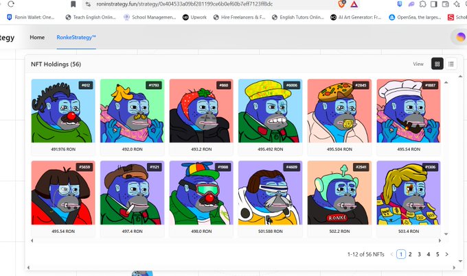 A Ronin Strategy NFT collection page displaying 56 NFT holdings, featuring cartoon-style blue monkey characters with various accessories priced around 491-503.6 RON.