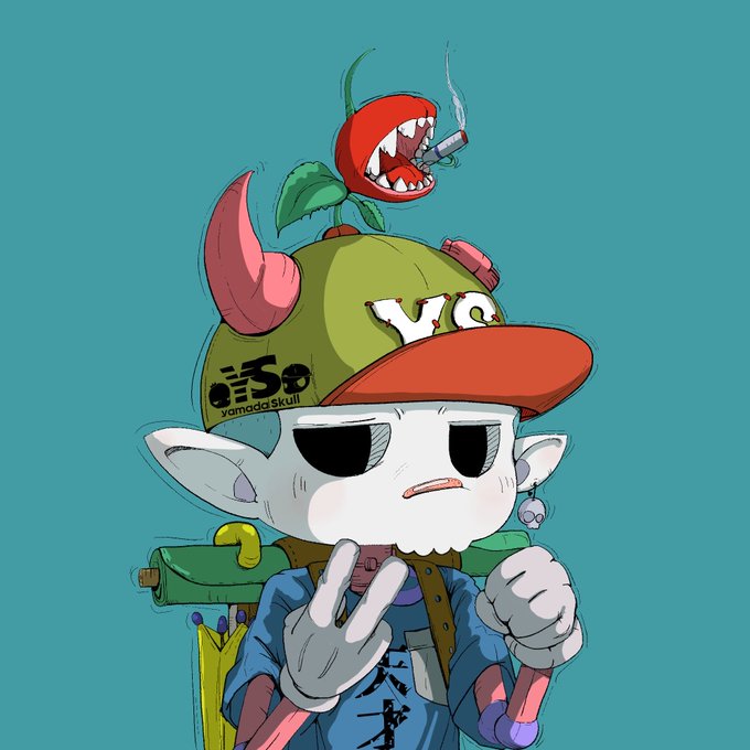 An illustration of a white skeleton-like character wearing a green hat with a Venus flytrap on top, a blue jacket, and a 'Yamada Skull' patch, making a peace sign.