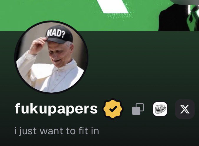 A Spotify-like profile for "fukupapers" with a verified badge, featuring a profile picture of the Pope wearing a "MAD?" cap and the bio "i just want to fit in".