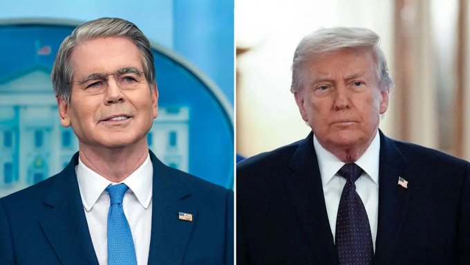 A side-by-side photo shows Treasury Secretary Scott Bessent (left) in front of the White House backdrop and President Donald Trump (right) in the Oval Office, both wearing dark suits and American flag lapel pins. The image accompanies a report on the Trump administration's push for dollar-backed stablecoins, reflecting the executive branch officials leading this effort to expand U.S. dollar dominance abroad.