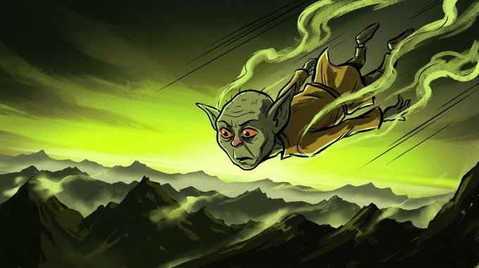 A cartoon-style green-skinned goblin-like creature with pointed ears and red eyes flies through a green misty sky above a mountain range, leaving a wispy trail behind it. The mystical, adventurous artwork complements the post's call for whitelist applications to the "roblynz.art" project, evoking a sense of fantasy and exclusivity.