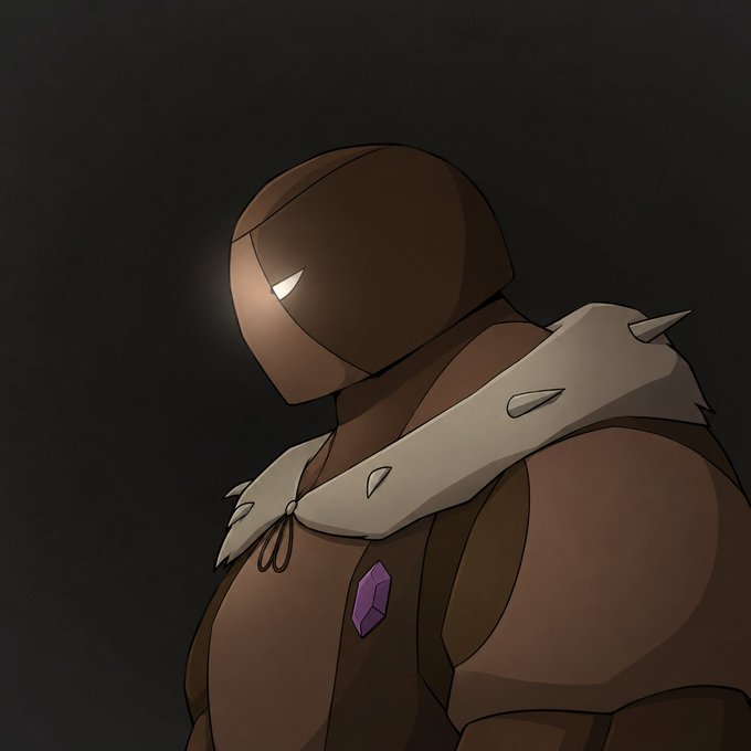 A digital illustration of an armored figure wearing a smooth brown helmet with glowing white eyes, a fur-collared cape, and a purple gem on the chest plate, set against a dark background.