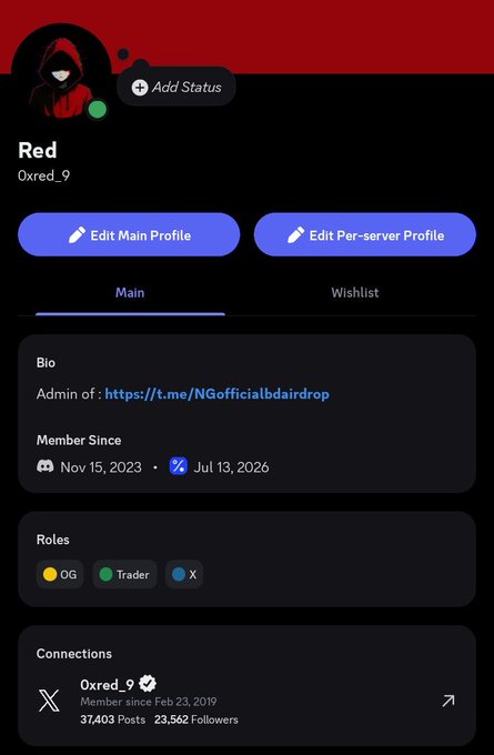 Discord profile page for user 'Red' (0xred_9) showing bio link to NG official airdrop, member since Nov 15, 2023, with OG/Trader/X roles and 37,403 posts.