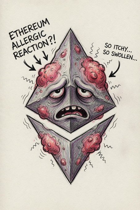 A humorous illustration of the Ethereum logo depicted as a swollen, itchy, diseased character with red bumps, captioned 'ETHEREUM ALLERGIC REACTION?!' and 'SO ITCHY... SO SWOLLEN...'.