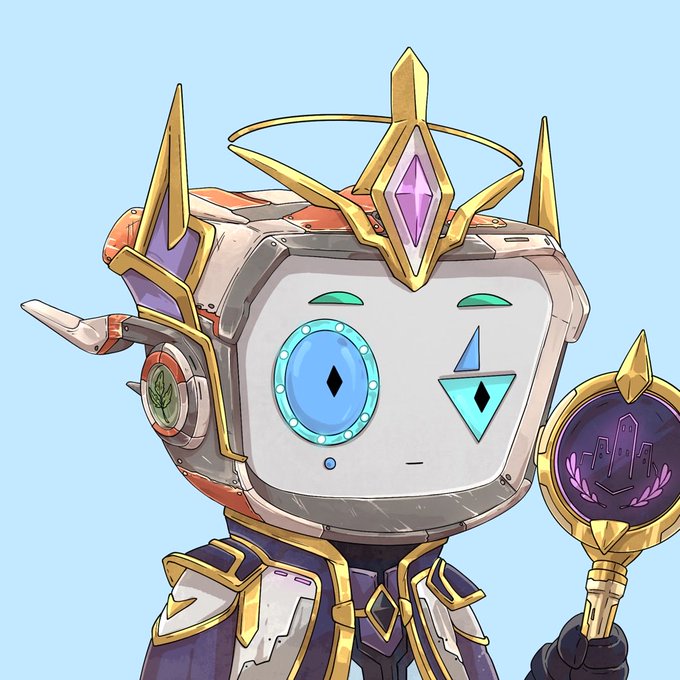A digital illustration of a robot-like character with a TV-shaped head featuring one blue circular eye and one triangular eye, wearing a golden crown with a purple gem and holding a dark scepter against a blue background.