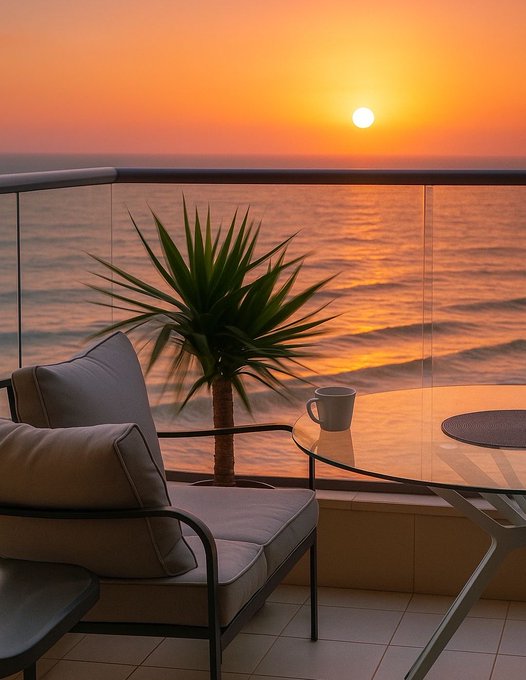 A balcony scene at sunset overlooking the ocean, with a cushioned chair, a small potted palm, and a glass table holding a coffee cup.