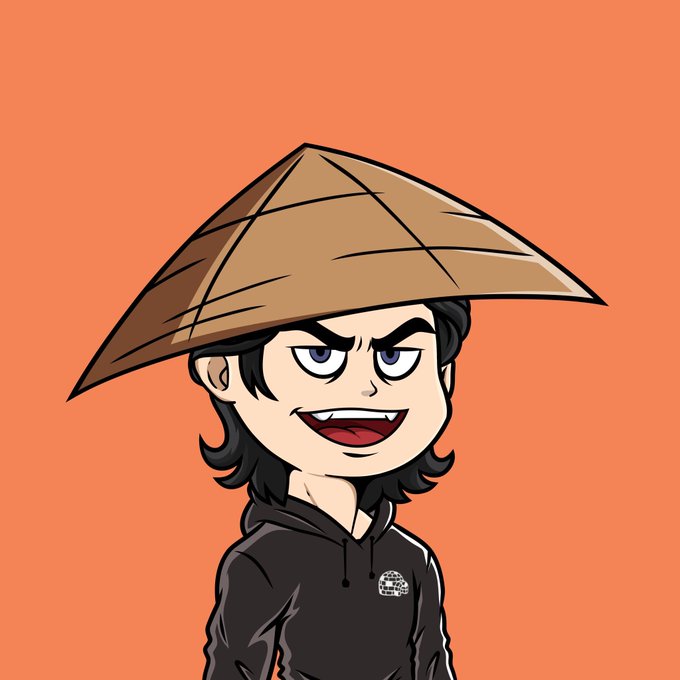 The image features a cartoon character wearing a hat, which appears to be a traditional Chinese hat or a straw hat. The character has a serious expression on their face, giving them an intimidating appearance. They are standing against a bright orange background, making them stand out prominently in the image.