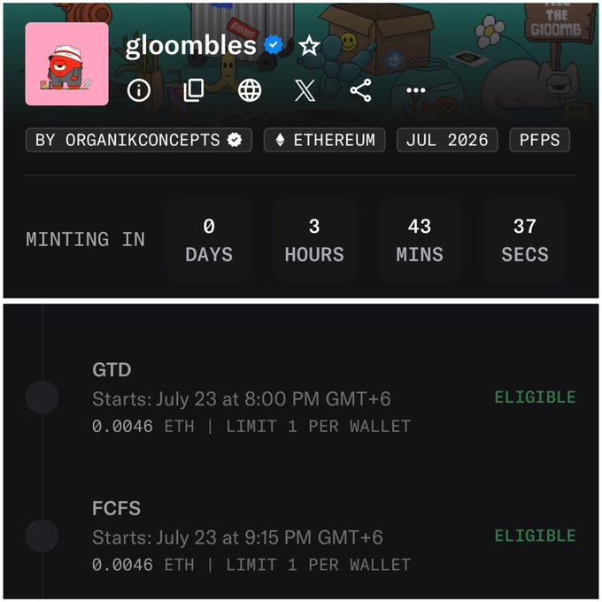 The image shows a minting page for the "Gloombles" NFT project by OrganikConcepts on Ethereum, featuring a countdown timer (0 days, 3 hours, 43 minutes, 37 seconds) and two mint phases: GTD starting July 23 at 8:00 PM GMT+6 and FCFS at 9:15 PM GMT+6, both priced at 0.0046 ETH with a 1 per wallet limit. The caption aligns with the post's mention of using a GTD spot for the Gloombles mint, though the post expresses uncertainty about the project's potential due to surrounding controversy.