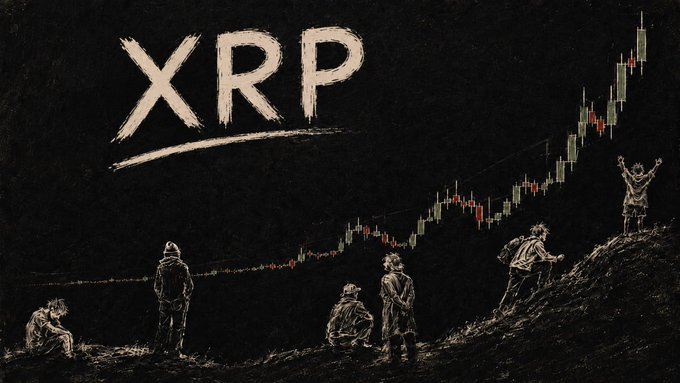 A stylized chalkboard illustration shows "XRP" written at the top with a rising candlestick chart, while figures progress from a seated, defeated pose on the left to a triumphant, arms-raised stance on the right as they climb the upward trend. The image visually reinforces the post's message about patient, long-term believers in XRP technology reaping rewards while impatient short-term traders give up too soon along the climb.