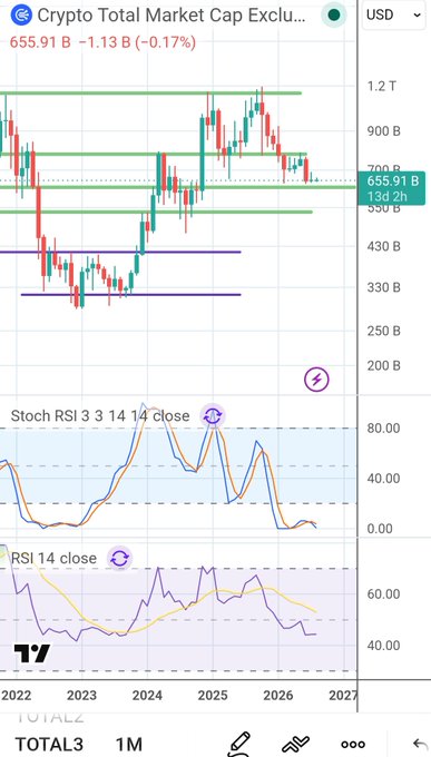 A TradingView screenshot of the 'Crypto Total Market Cap Excluding...' chart showing a 1M timeframe with Stoch RSI and RSI indicators, displaying a value of 655.91 B.