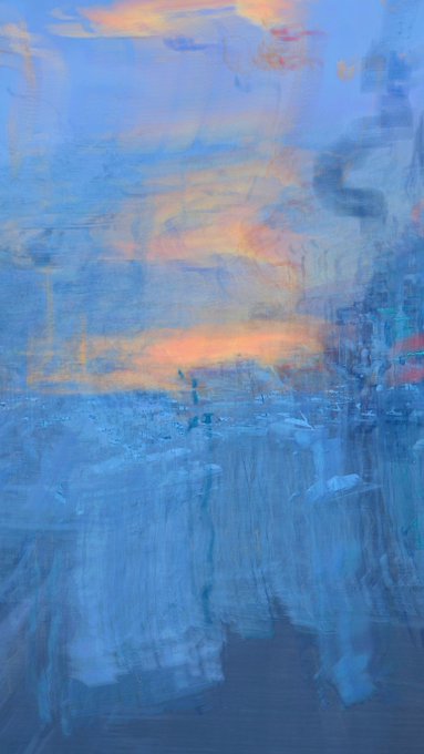 An abstract painting dominated by shades of blue with accents of warm orange and pink, featuring textured, vertical brushstrokes and blended color washes.