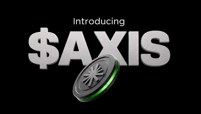 Promotional graphic reading 'Introducing $AXIS' featuring a metallic coin with an asterisk-like logo with green glowing edges on a black background.