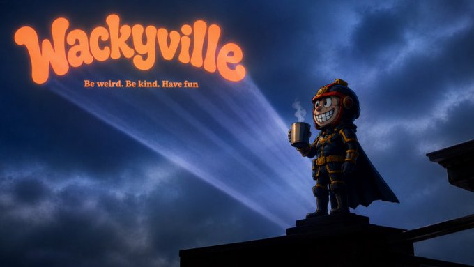 A 3D-rendered caped superhero character holding a coffee mug stands atop a rooftop at dusk, shining a light beam toward the glowing orange 'Wackyville' logo with the tagline 'Be weird. Be kind. Have fun'.