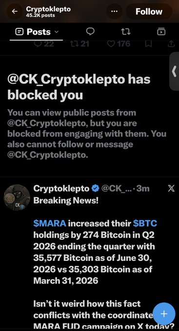 A Threads post notification screen showing '@CK_Cryptoklepto has blocked you', along with a visible post from 'Cryptoklepto' reporting '$MARA increased their $BTC holdings by 274 Bitcoin in Q2 2026'.